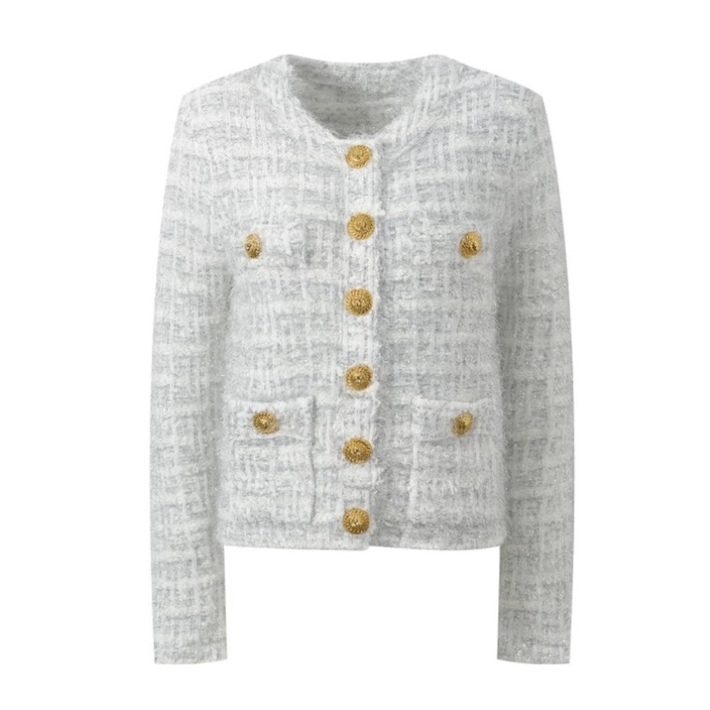 Designer-style White-Grey Metallic Tweed Jacket with Gold Lion Buttons